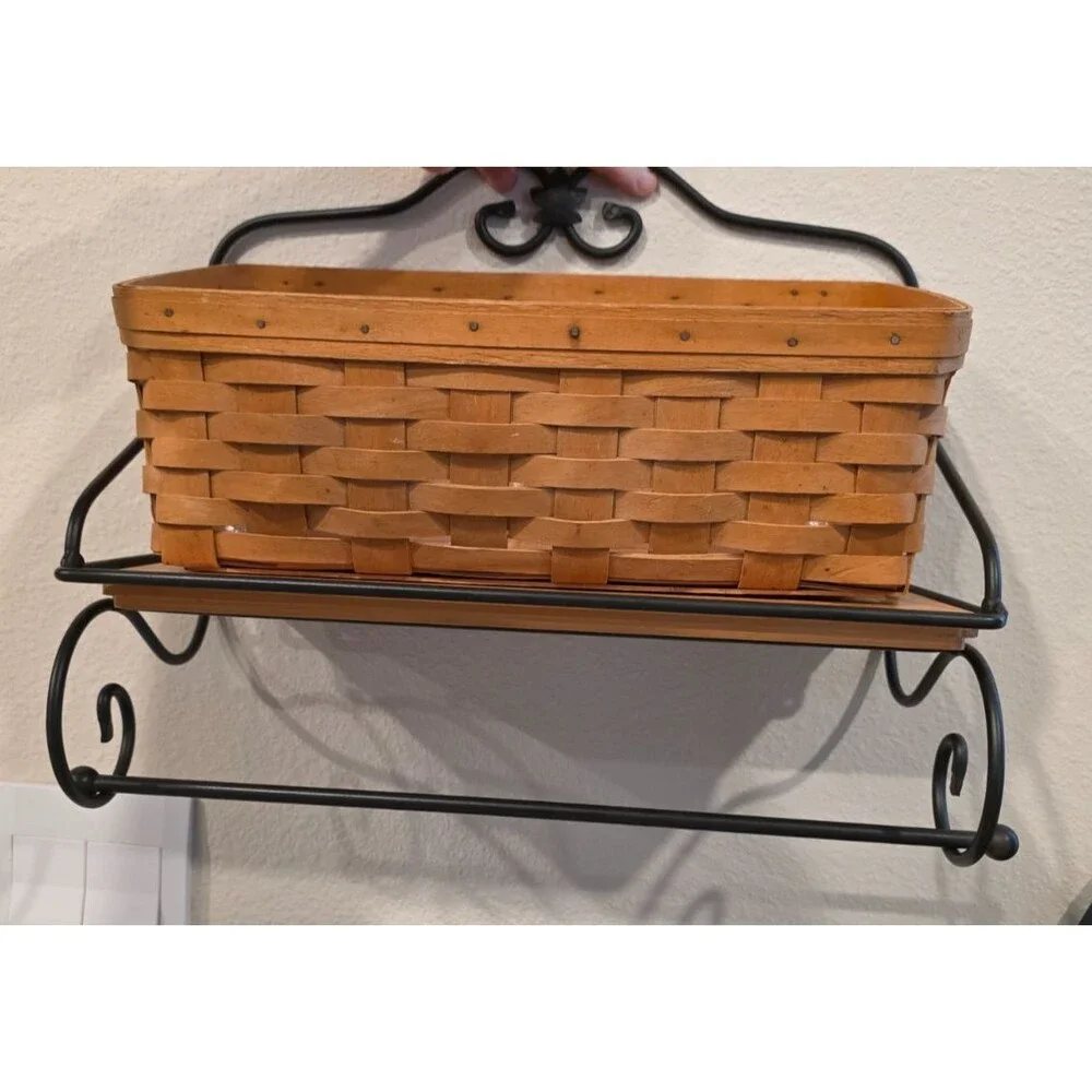 Longaberger Wrought Iron Towel Holder w/ Shelf & Vanity Basket Wall Mounted VTG